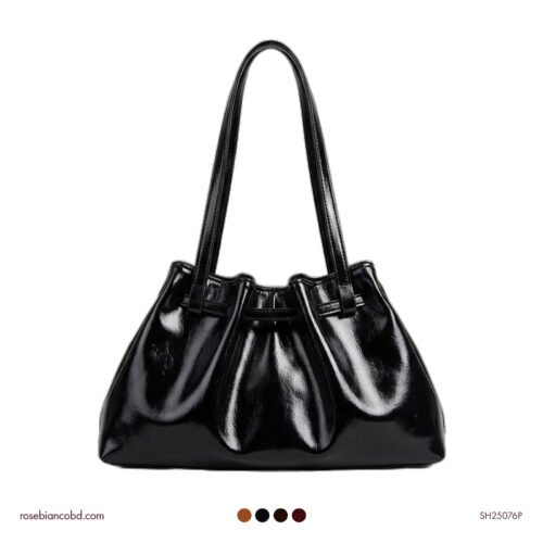 Elegant Pleated Oil Wax Tote - Black